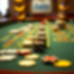 A close-up view of a baccarat table highlighting the cards and chips