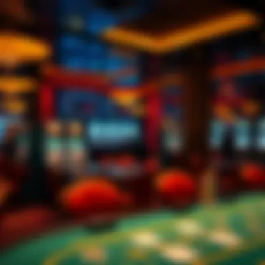 An illustration of a casino environment featuring Blackjack games