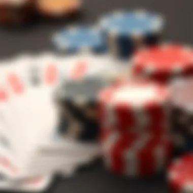 A close-up of various casino chips and a deck of cards