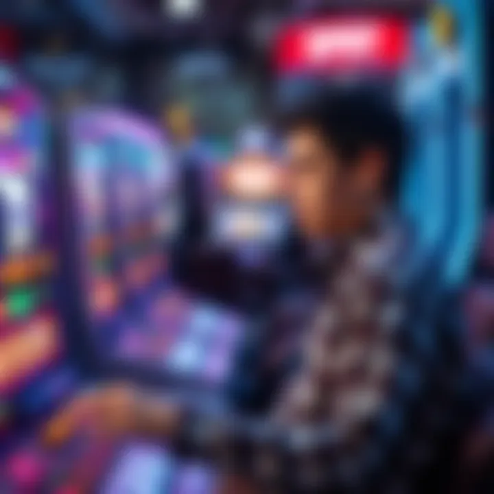 Engaged Player at a Slot Machine A player focused on spinning the reels of a modern slot game