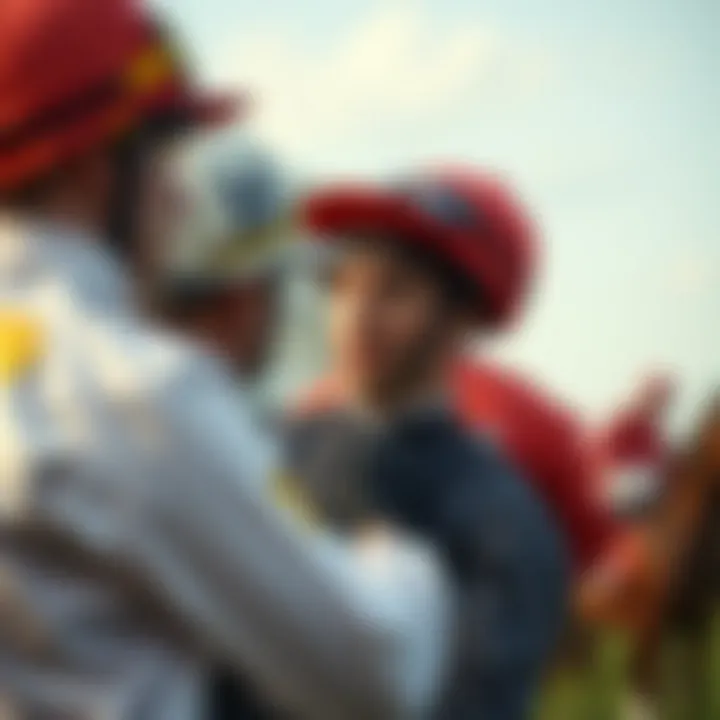 A strategic discussion among jockeys before a race