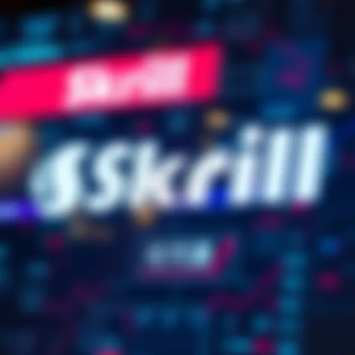 Skrill logo displayed against a digital backdrop